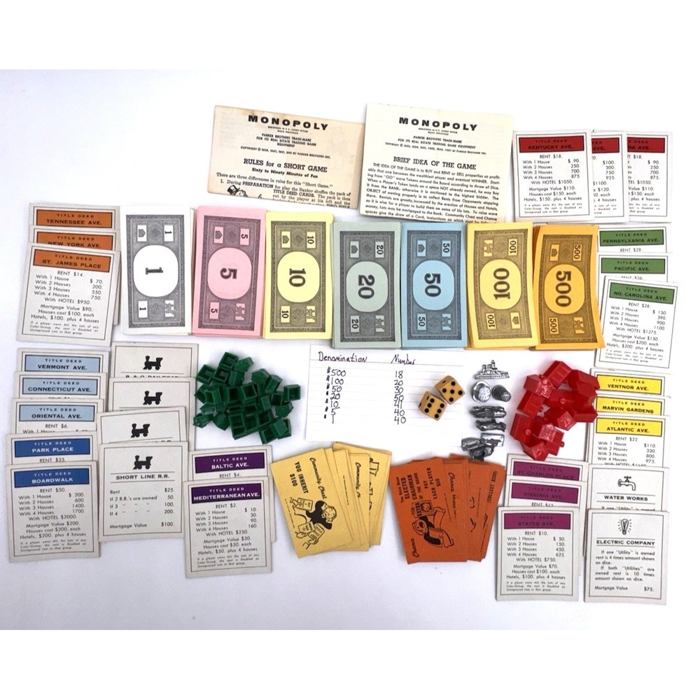 Monopoly Game Pieces Money Property Cards Hotels Houses Instructions Dice‎ 1960s